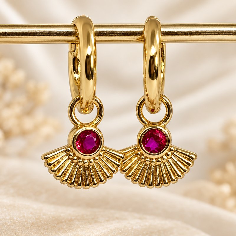 ruby fan gold hoop earrings